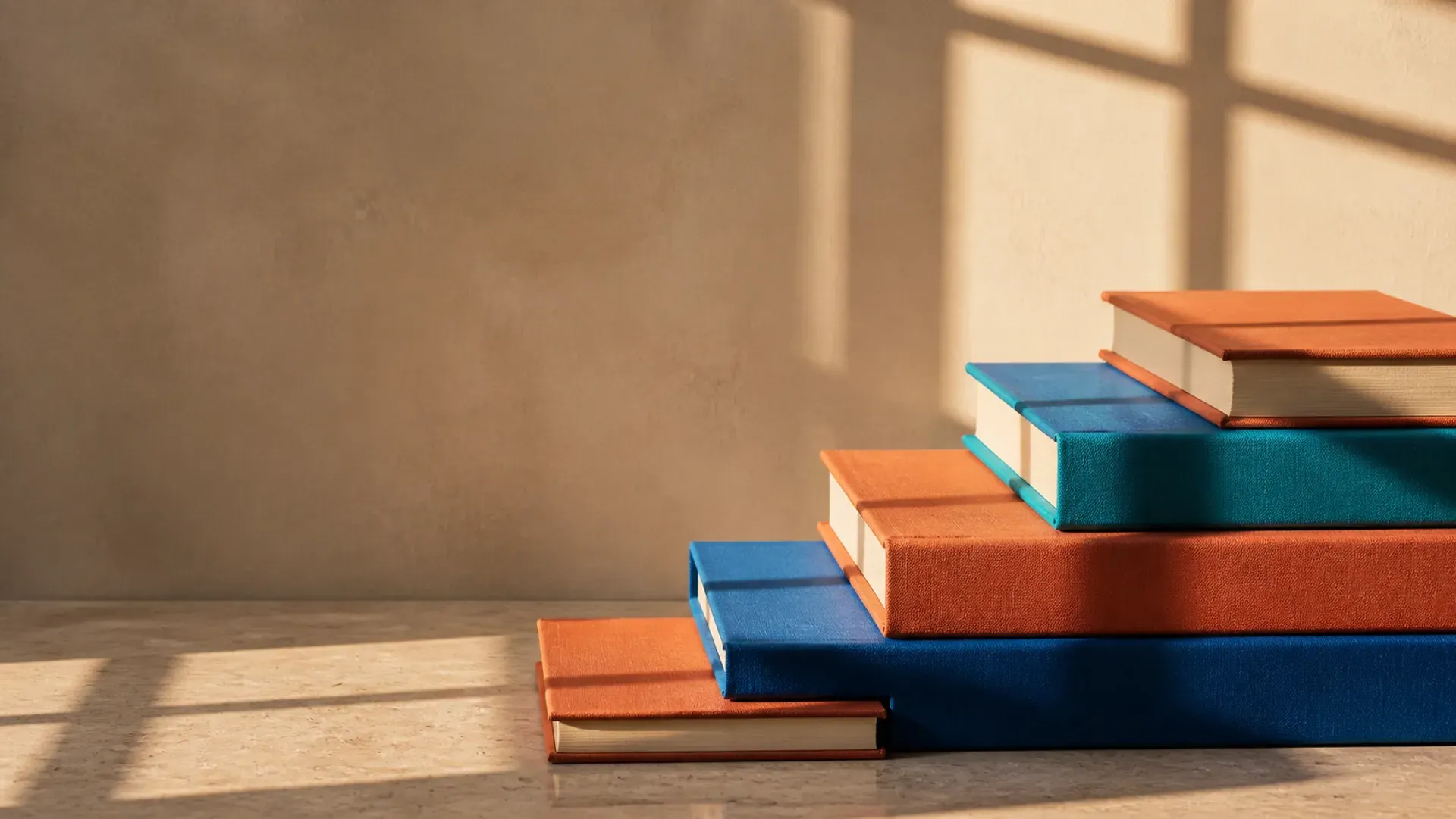 A stepped row of hardback books in rising order