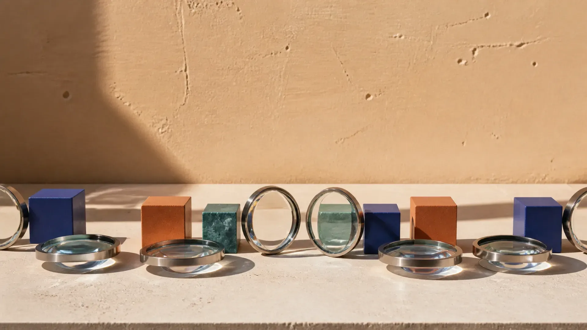 A row of optical lenses and colour blocks arranged in sequence on a stone ledge