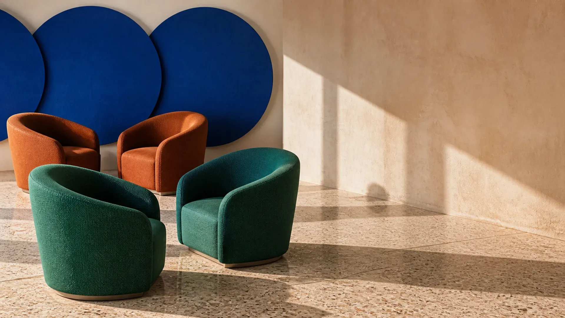 Curved booth seating forming a conversation loop