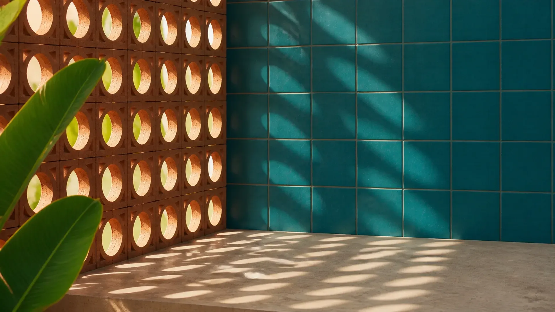 A perforated screen wall casting a regular pattern of light and shadow