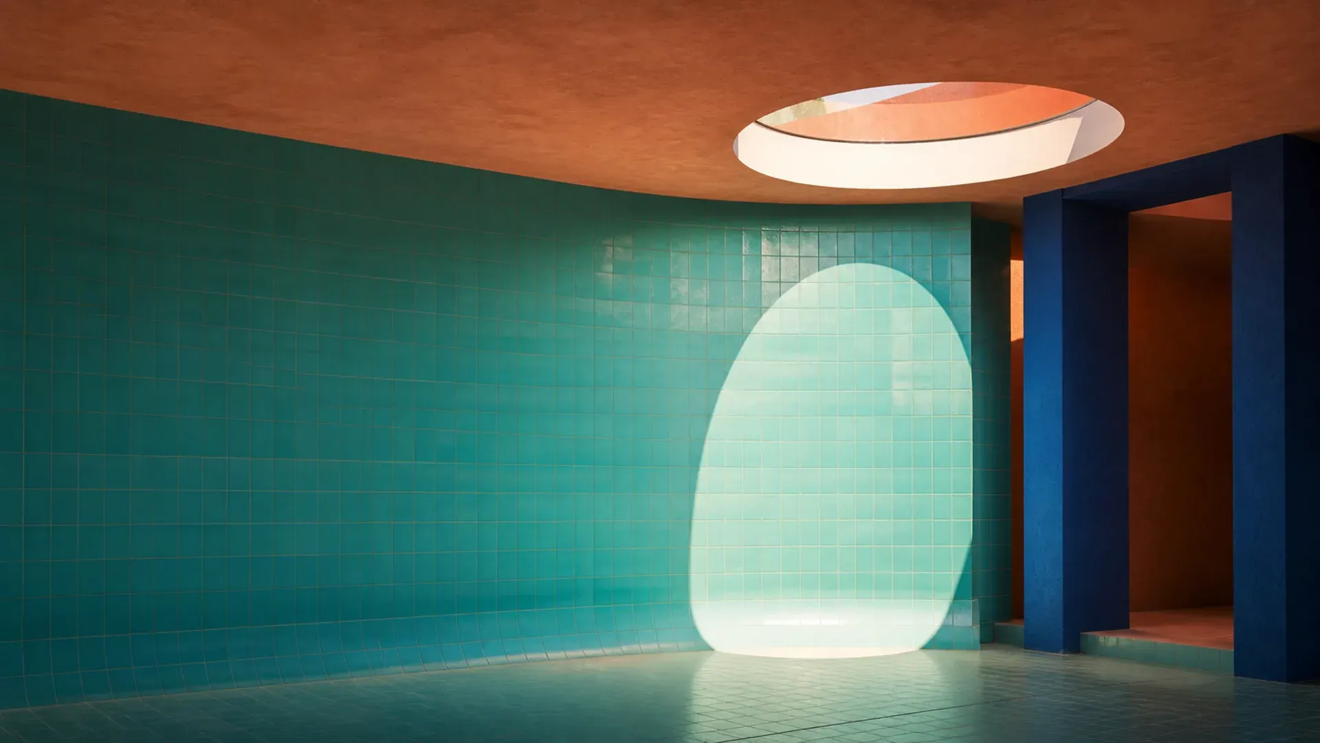 Daylight entering a dark interior through a glowing oculus